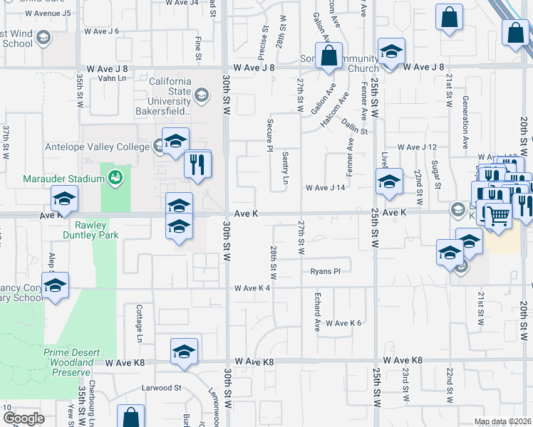 map of restaurants, bars, coffee shops, grocery stores, and more near 2741 West Avenue K in Lancaster