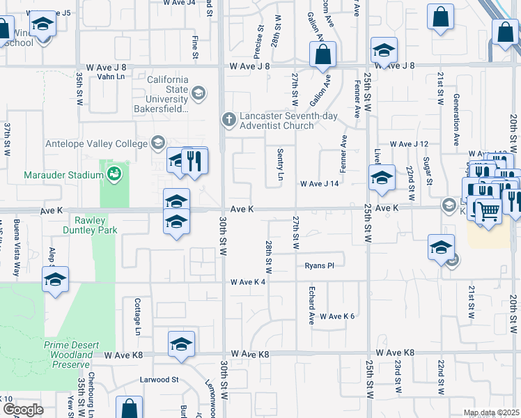 map of restaurants, bars, coffee shops, grocery stores, and more near 2800 Helen Lane in Lancaster