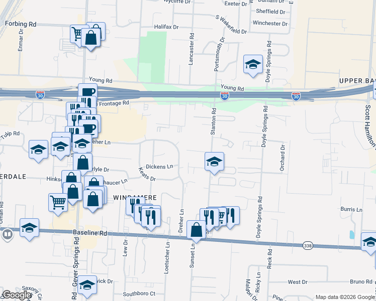 map of restaurants, bars, coffee shops, grocery stores, and more near 3 Dreher Court in Little Rock