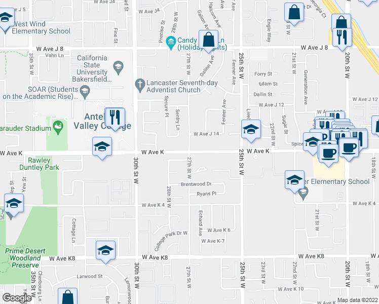 map of restaurants, bars, coffee shops, grocery stores, and more near 2842 West Avenue K in Lancaster