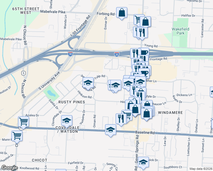 map of restaurants, bars, coffee shops, grocery stores, and more near 6405 Juniper Road in Little Rock