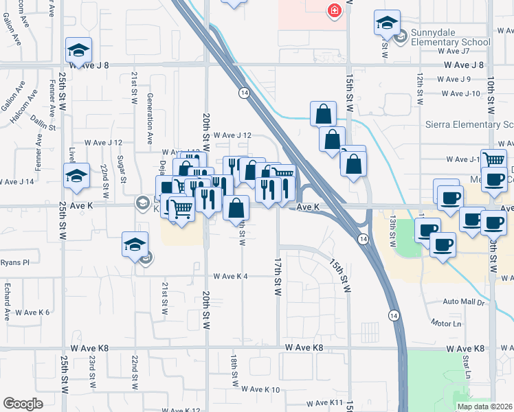 map of restaurants, bars, coffee shops, grocery stores, and more near 1759 West Avenue K in Lancaster