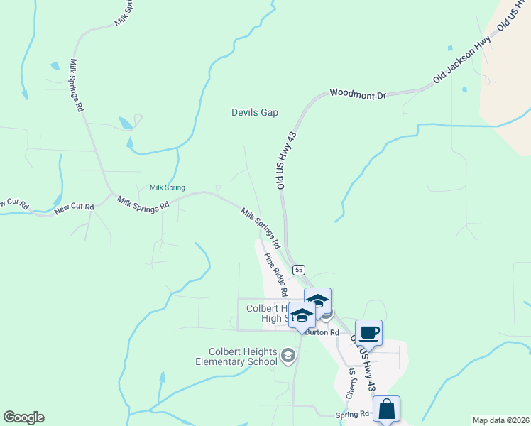 map of restaurants, bars, coffee shops, grocery stores, and more near 30 Stone Gap Road in Tuscumbia
