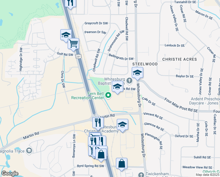 map of restaurants, bars, coffee shops, grocery stores, and more near 107 Sanders Road Southwest in Huntsville