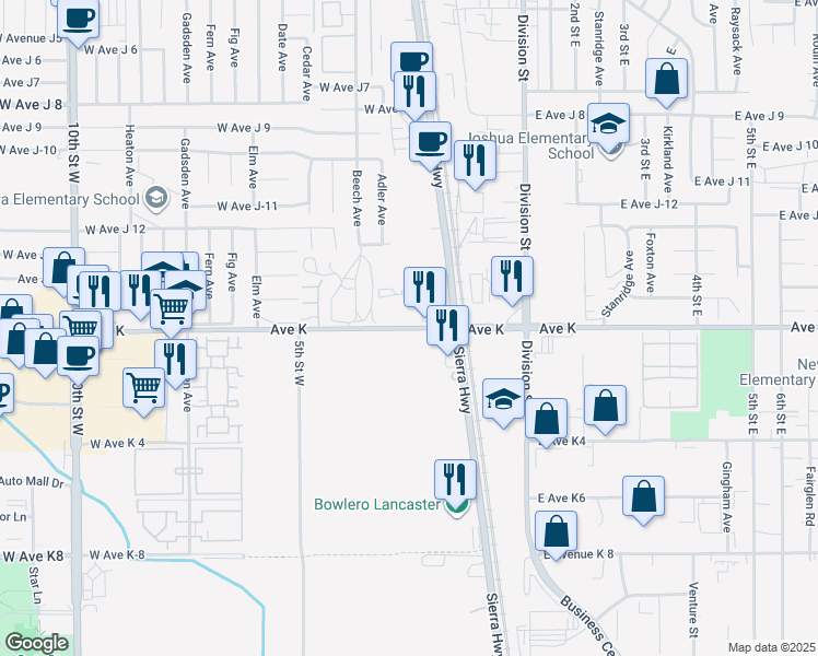 map of restaurants, bars, coffee shops, grocery stores, and more near 250 Avenue K in Lancaster