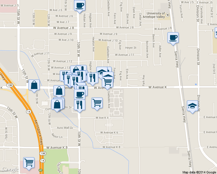 map of restaurants, bars, coffee shops, grocery stores, and more near 43611 Fern Avenue in Lancaster