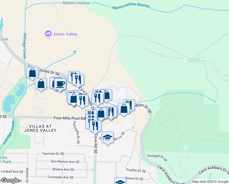 map of restaurants, bars, coffee shops, grocery stores, and more near 1 Legacy Farm Drive in Huntsville