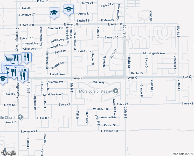 map of restaurants, bars, coffee shops, grocery stores, and more near East Avenue K in Lancaster
