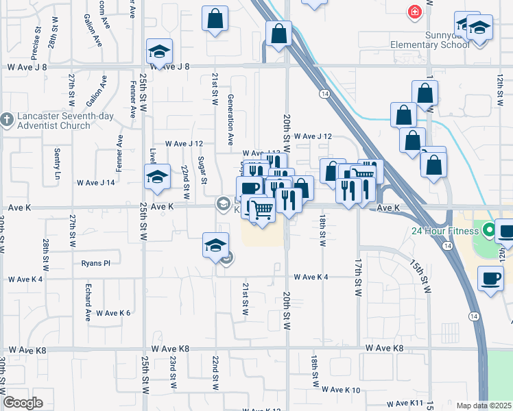 map of restaurants, bars, coffee shops, grocery stores, and more near 2007 West Avenue K in Lancaster