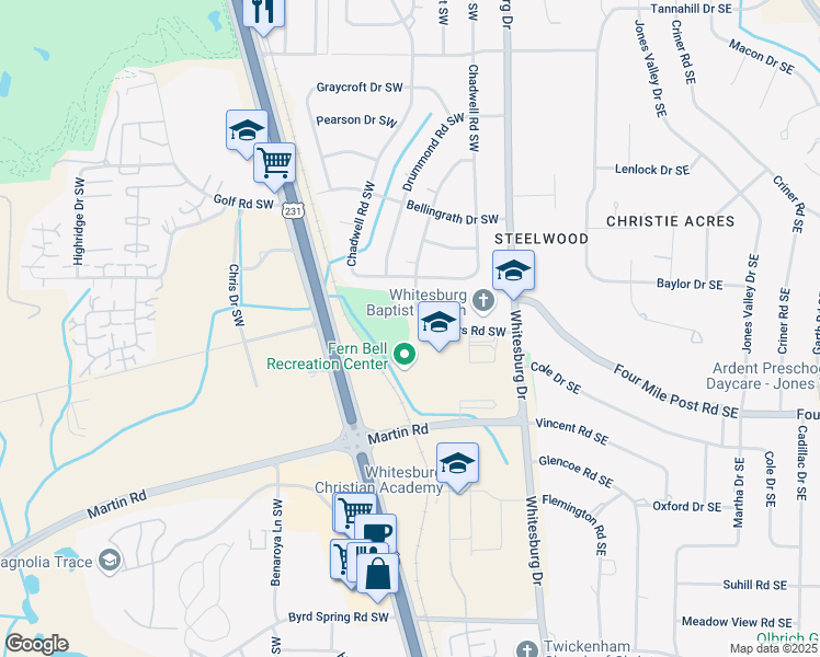 map of restaurants, bars, coffee shops, grocery stores, and more near 610 Sanders Road Southwest in Huntsville