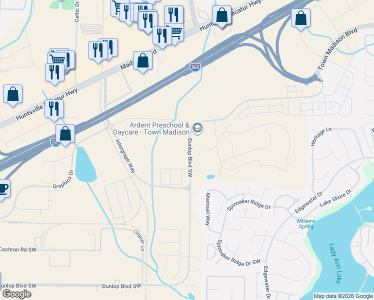 map of restaurants, bars, coffee shops, grocery stores, and more near Dunlop Boulevard Southwest in Madison