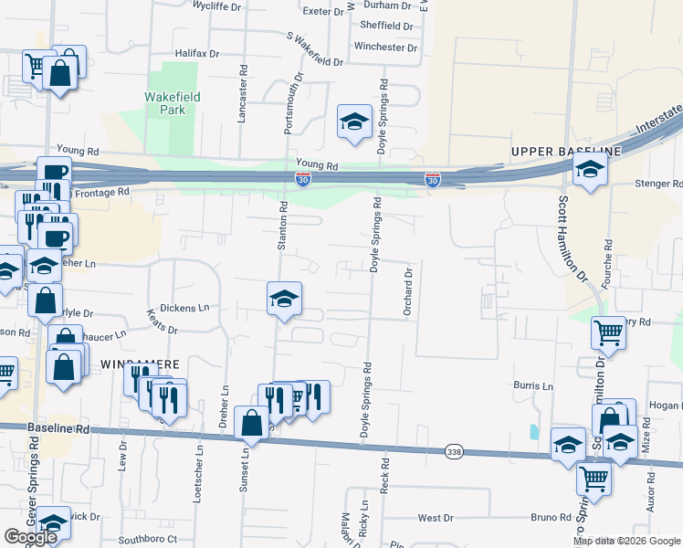 map of restaurants, bars, coffee shops, grocery stores, and more near 8120 Doyle Springs Road in Little Rock