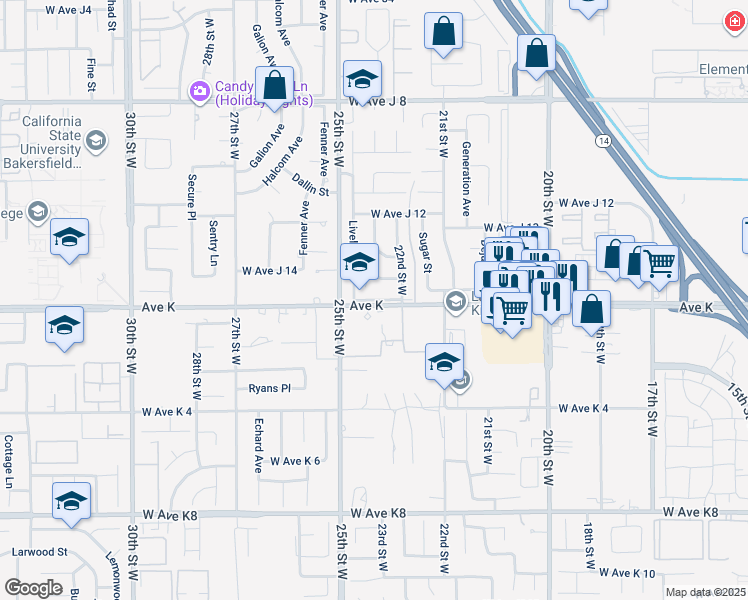 map of restaurants, bars, coffee shops, grocery stores, and more near West Avenue K in Lancaster