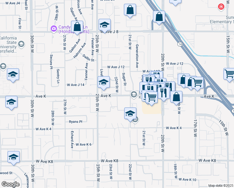 map of restaurants, bars, coffee shops, grocery stores, and more near 24th Street West in Lancaster
