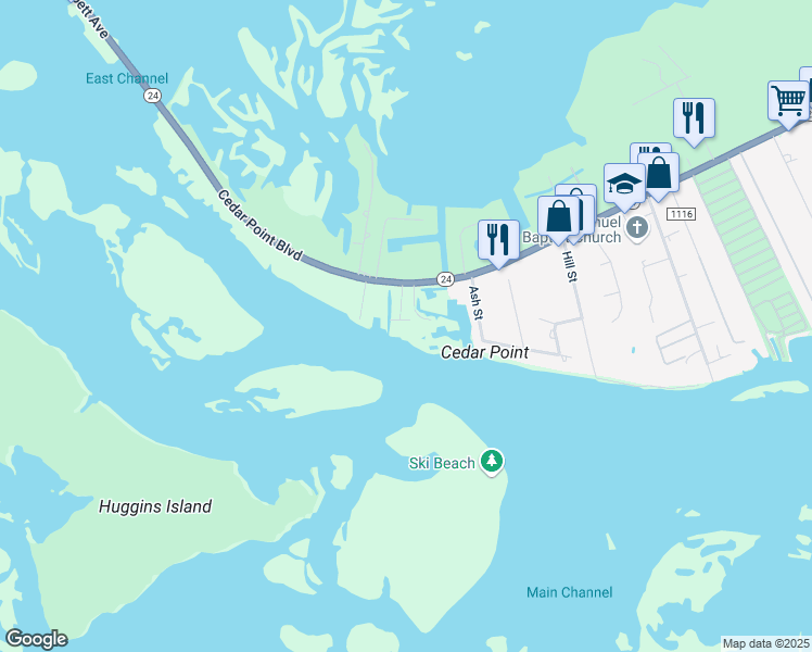 map of restaurants, bars, coffee shops, grocery stores, and more near 144 Captain Deck Lane in Swansboro