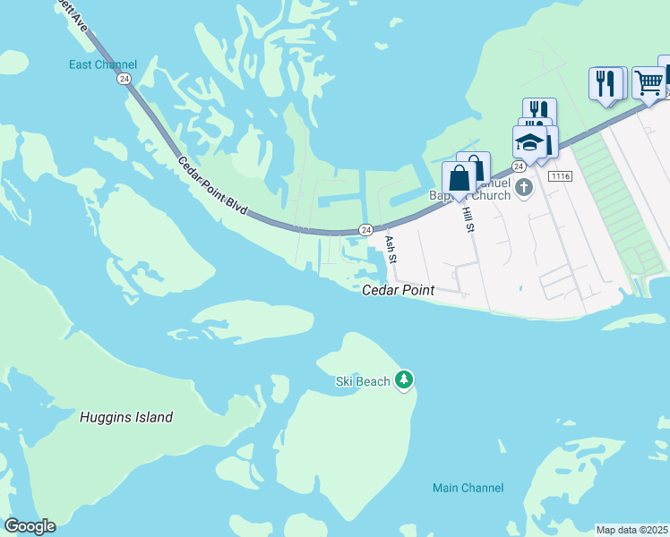 map of restaurants, bars, coffee shops, grocery stores, and more near 144 Captain Deck Lane in Swansboro