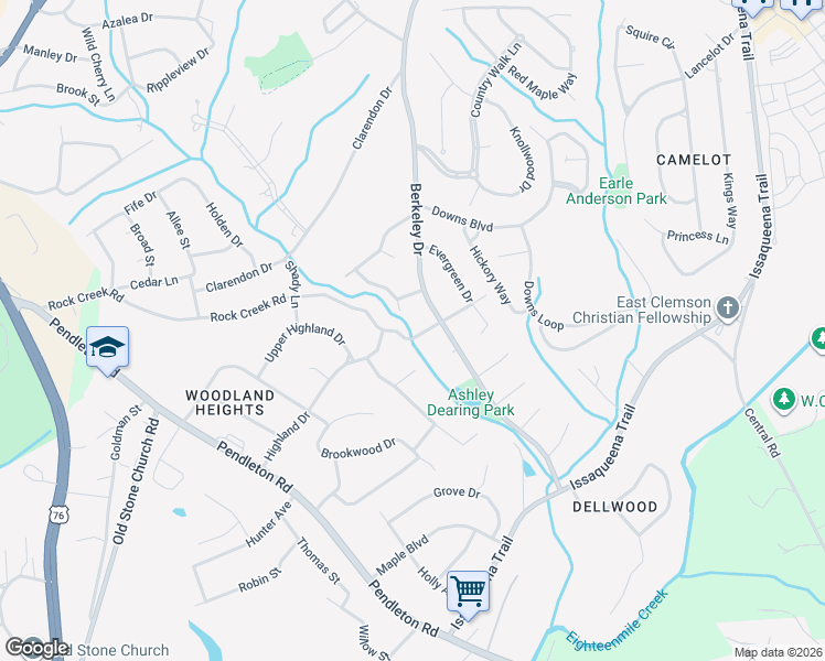 map of restaurants, bars, coffee shops, grocery stores, and more near 507 Rock Creek Road in Clemson