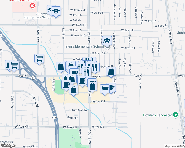 map of restaurants, bars, coffee shops, grocery stores, and more near 855 West Avenue K in Lancaster