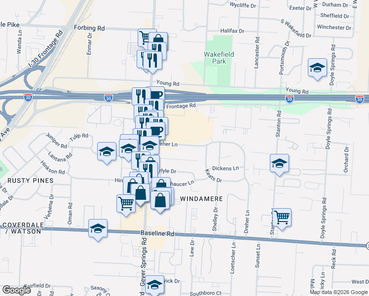map of restaurants, bars, coffee shops, grocery stores, and more near 9 Dreher Lane in Little Rock