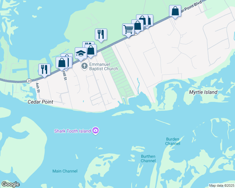 map of restaurants, bars, coffee shops, grocery stores, and more near 650 Cedar Point Boulevard in Swansboro