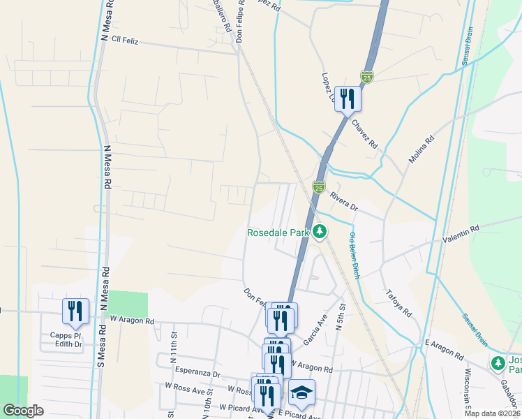 map of restaurants, bars, coffee shops, grocery stores, and more near 958 Don Felipe Road in Belen