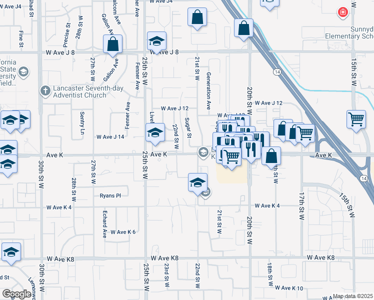 map of restaurants, bars, coffee shops, grocery stores, and more near 2130 Spice Street in Lancaster