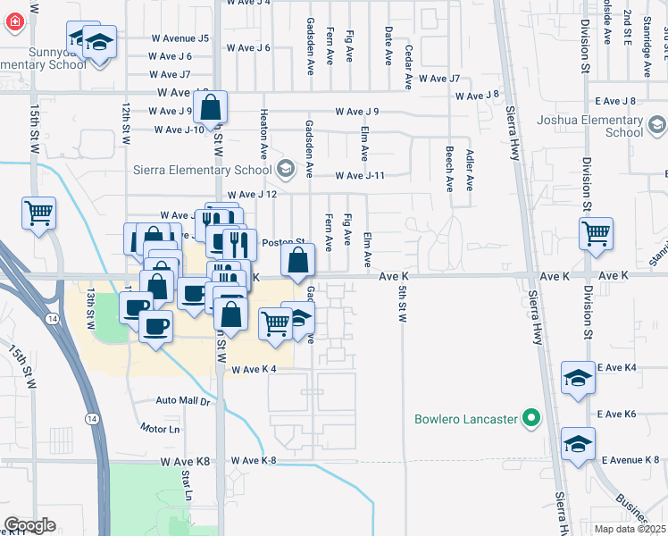 map of restaurants, bars, coffee shops, grocery stores, and more near 43604 Fern Avenue in Lancaster