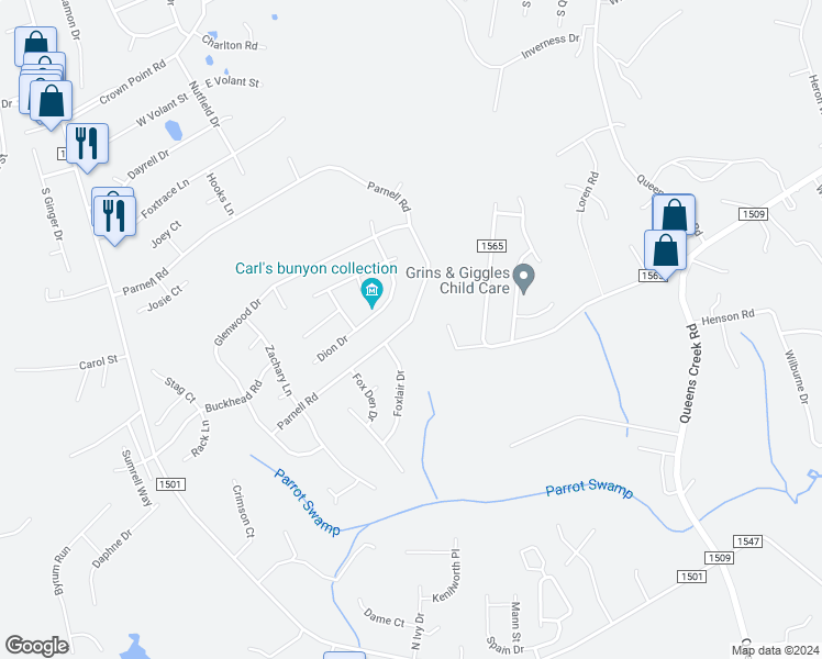 map of restaurants, bars, coffee shops, grocery stores, and more near 253 Parnell Road in Hubert