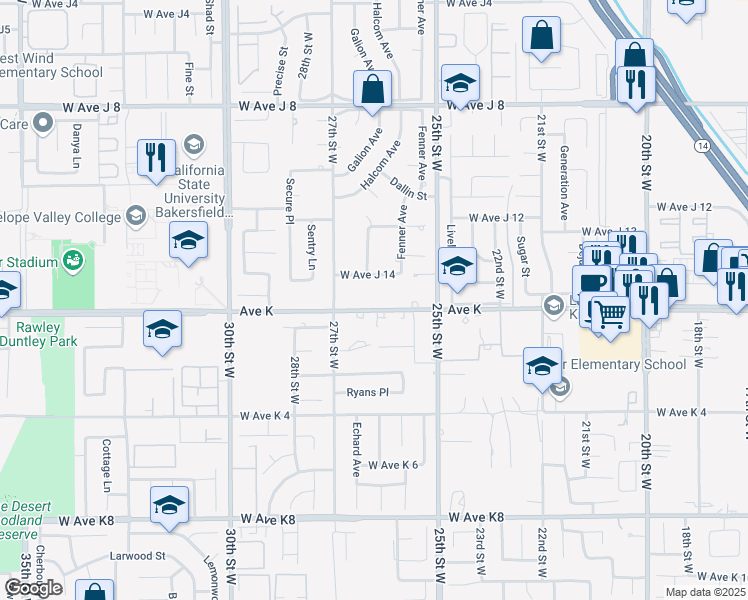 map of restaurants, bars, coffee shops, grocery stores, and more near 2601 West Avenue K in Lancaster