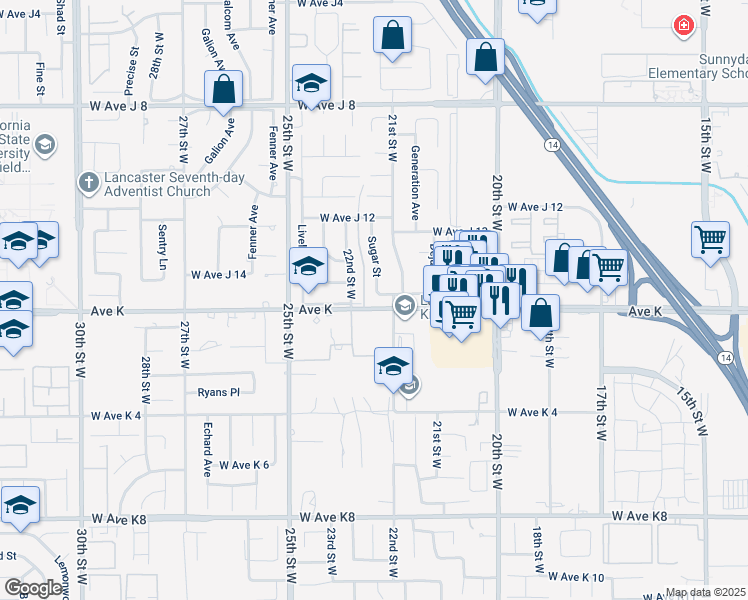 map of restaurants, bars, coffee shops, grocery stores, and more near 2130 Spice Street in Lancaster