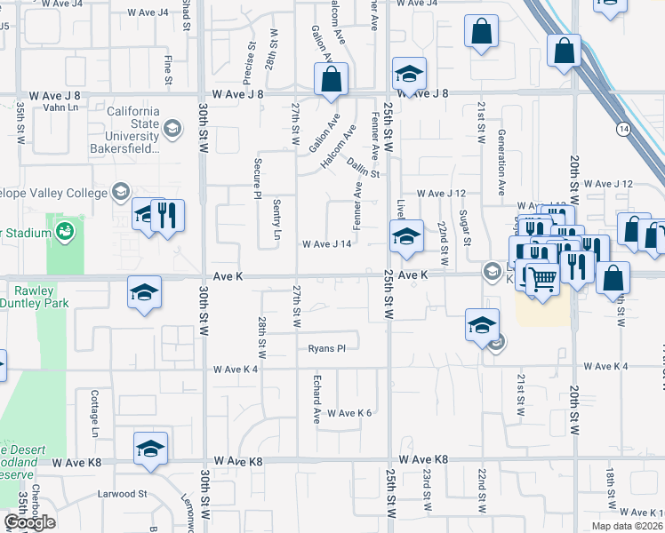 map of restaurants, bars, coffee shops, grocery stores, and more near 2601 West Avenue K in Lancaster