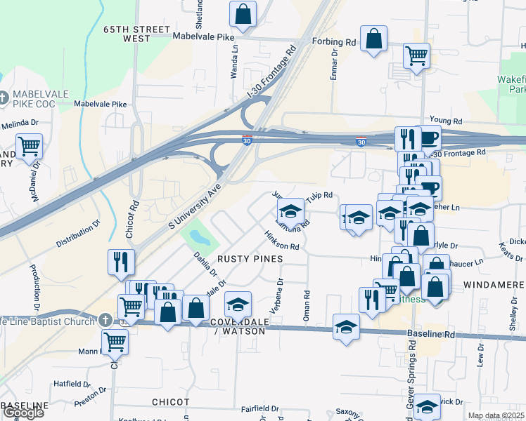 map of restaurants, bars, coffee shops, grocery stores, and more near 6812 Azalea Drive in Little Rock