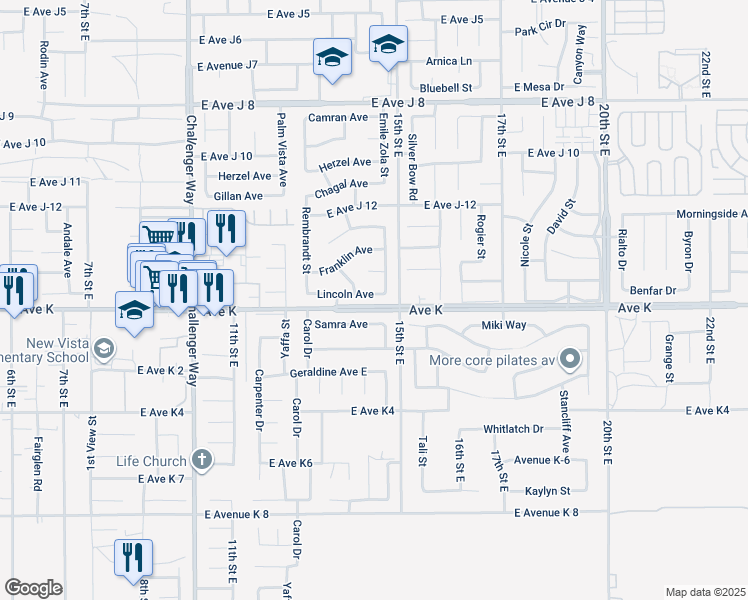 map of restaurants, bars, coffee shops, grocery stores, and more near 1350 Lincoln Avenue in Lancaster