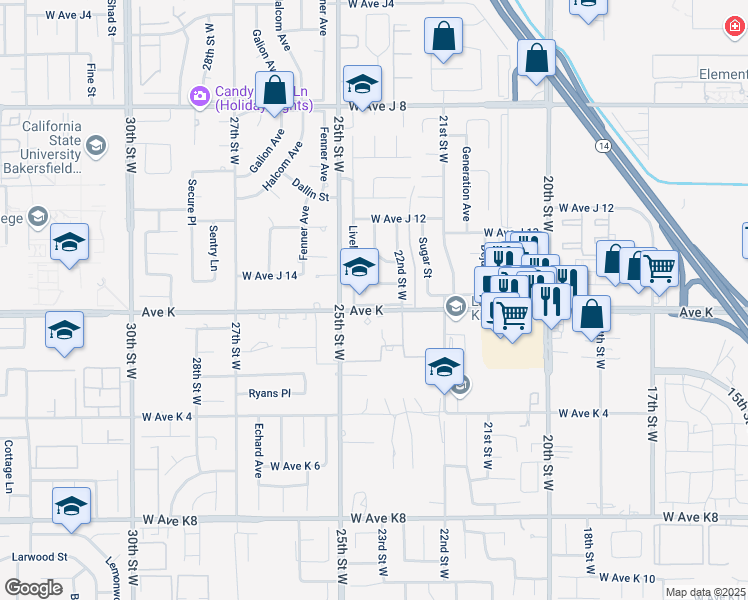 map of restaurants, bars, coffee shops, grocery stores, and more near 2323 West Avenue K in Lancaster
