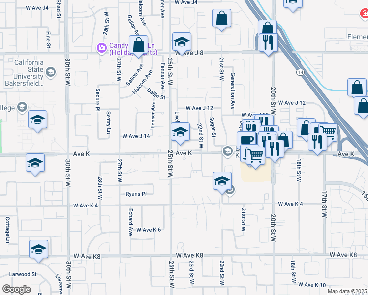 map of restaurants, bars, coffee shops, grocery stores, and more near 2323 West Avenue K in Lancaster