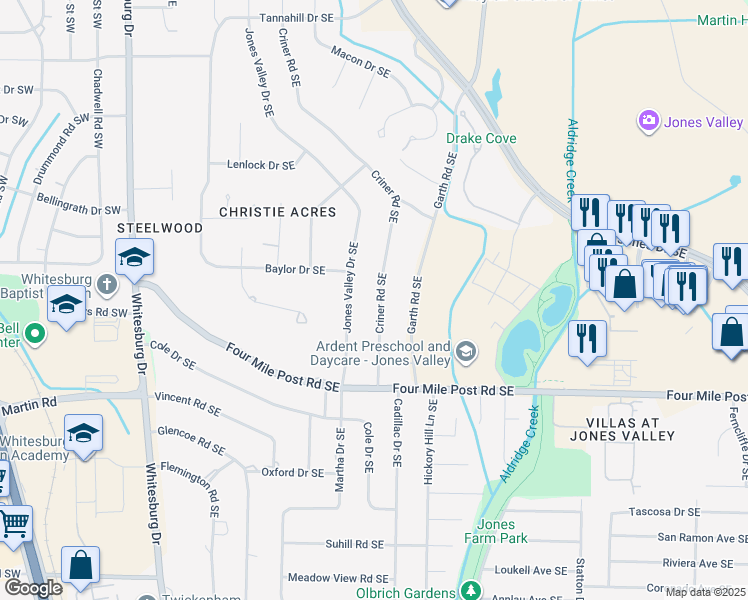 map of restaurants, bars, coffee shops, grocery stores, and more near 7102 Criner Road Southeast in Huntsville