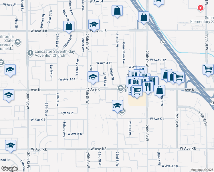 map of restaurants, bars, coffee shops, grocery stores, and more near 43604 22nd Street West in Lancaster