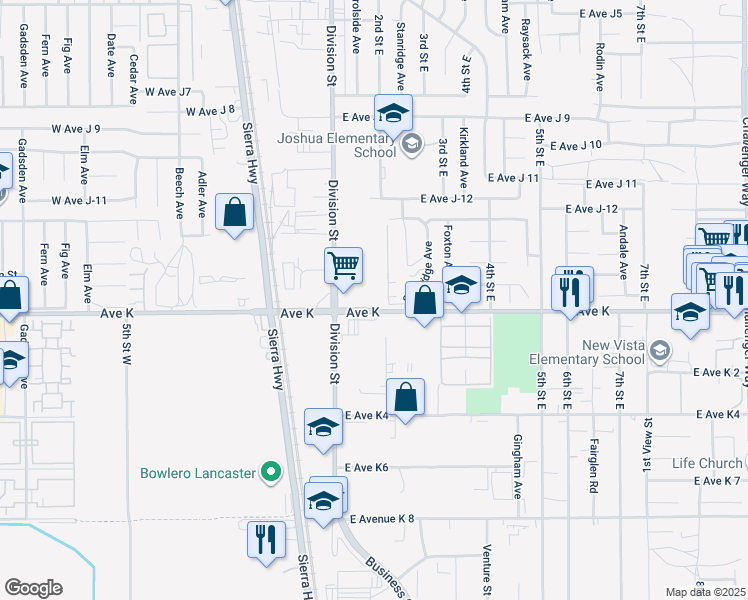 map of restaurants, bars, coffee shops, grocery stores, and more near 125 East Avenue K in Lancaster