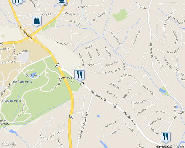 map of restaurants, bars, coffee shops, grocery stores, and more near 260 Rock Creek Road in Clemson