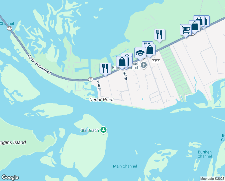 map of restaurants, bars, coffee shops, grocery stores, and more near 130 Fir Street in Cedar Point