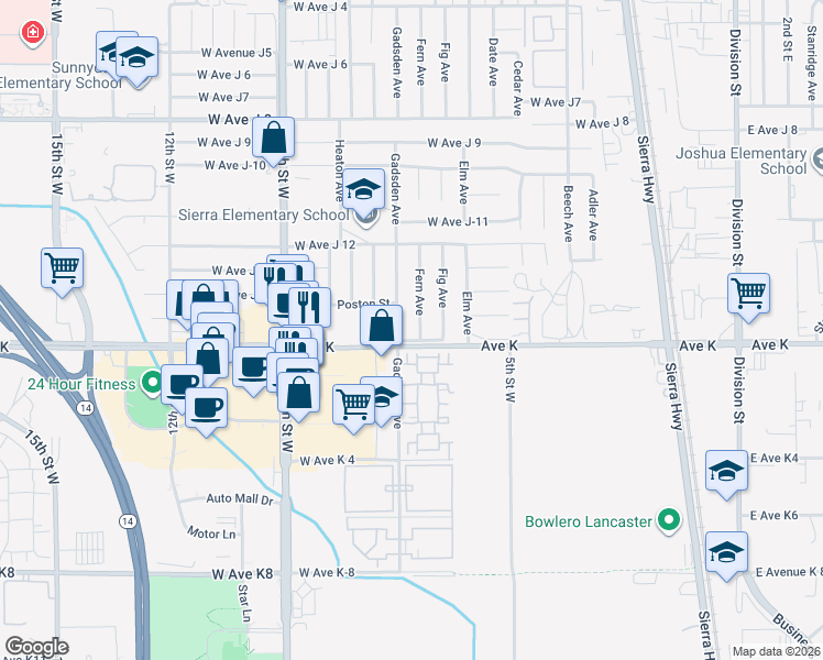 map of restaurants, bars, coffee shops, grocery stores, and more near 43611 Fern Avenue in Lancaster