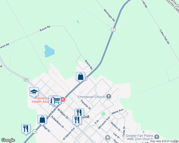 map of restaurants, bars, coffee shops, grocery stores, and more near 401 U.S. 15 in McColl
