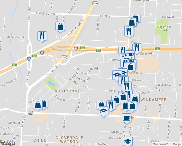 map of restaurants, bars, coffee shops, grocery stores, and more near 6512 Juniper Road in Little Rock