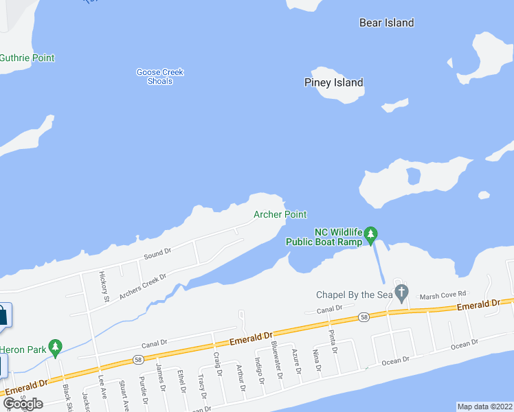 map of restaurants, bars, coffee shops, grocery stores, and more near 7010 Sound Drive in Emerald Isle