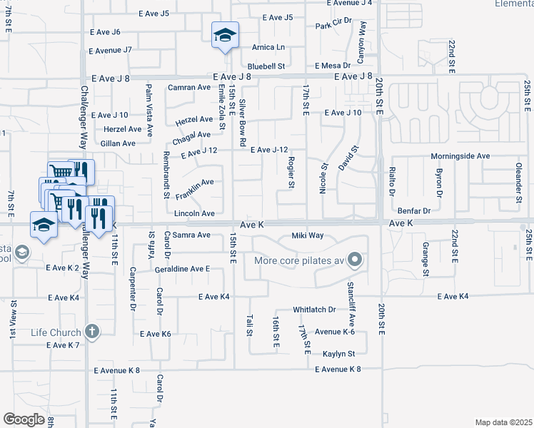 map of restaurants, bars, coffee shops, grocery stores, and more near 43611 Steif Street in Lancaster