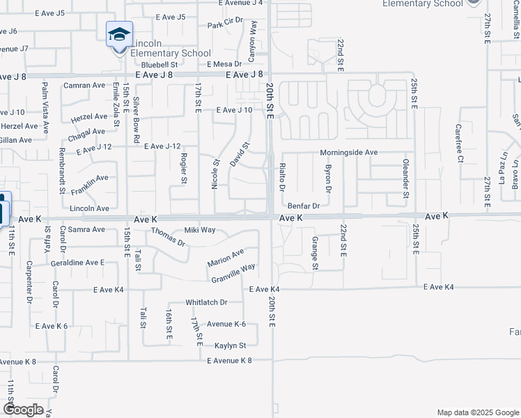 map of restaurants, bars, coffee shops, grocery stores, and more near 1857 East Avenue K in Lancaster