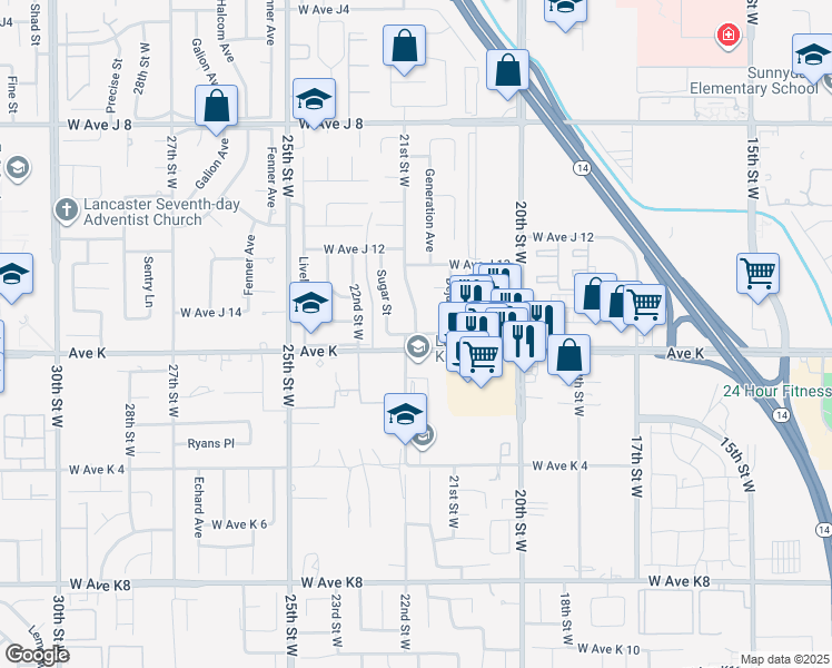 map of restaurants, bars, coffee shops, grocery stores, and more near 21st Street West in Del Sur