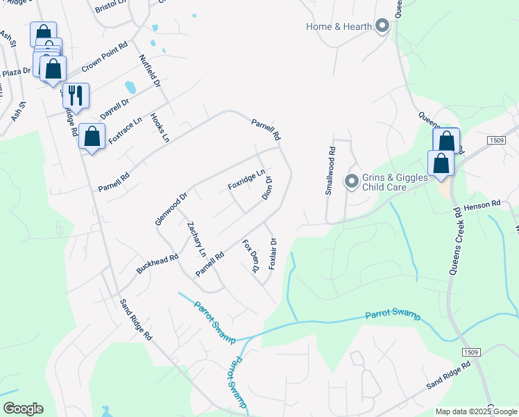 map of restaurants, bars, coffee shops, grocery stores, and more near 425 Dion Drive in Hubert