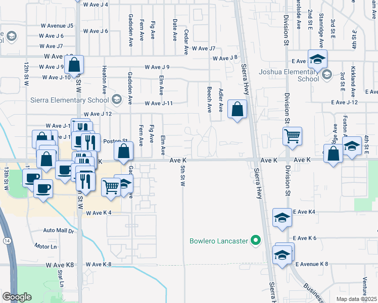 map of restaurants, bars, coffee shops, grocery stores, and more near 43627 Park Avenue in Lancaster