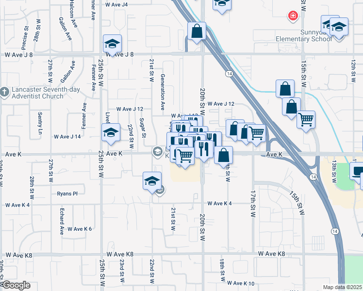 map of restaurants, bars, coffee shops, grocery stores, and more near 2007 West Avenue K in Lancaster